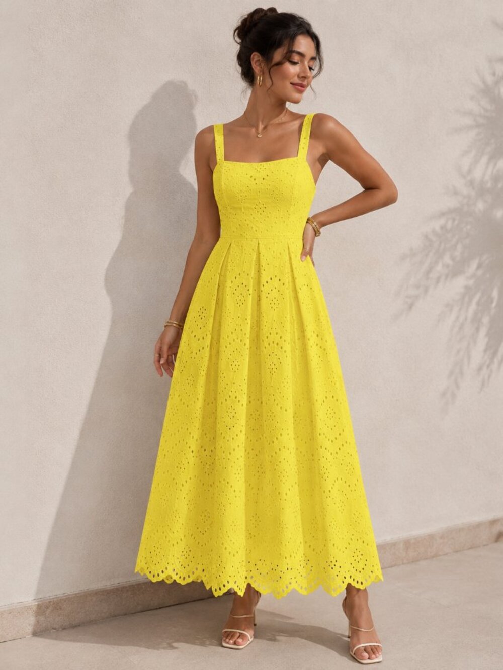 NEW - Yellow Eyelet Square Neck Sleeveless Scallop Hem Maxi Dress